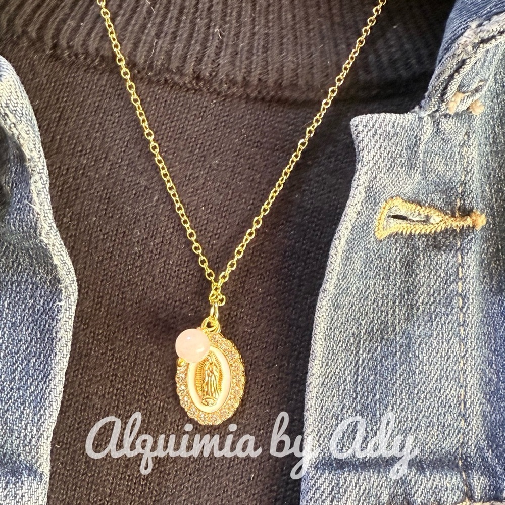 Gold Virgin Mary and pink quartz medal chain  short statement necklace